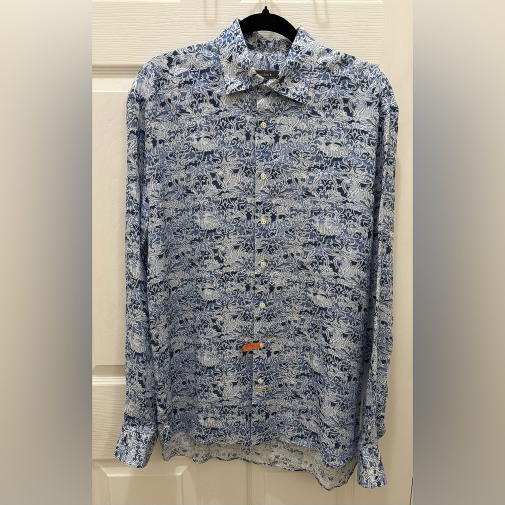NODUS Men’s Aqua,blue paisley long sleeve button shirt. Large 100% linen